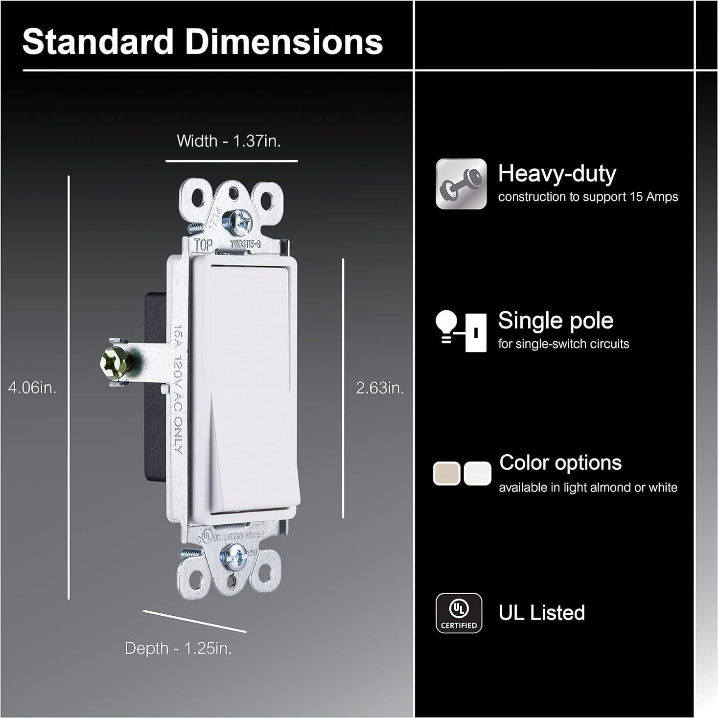 GE Paddle Rocker Switch - Single Pole Switch, On/Off, Replacement for Light Switches & Ceiling Fans, Grounding, UL Listed, White, 50726