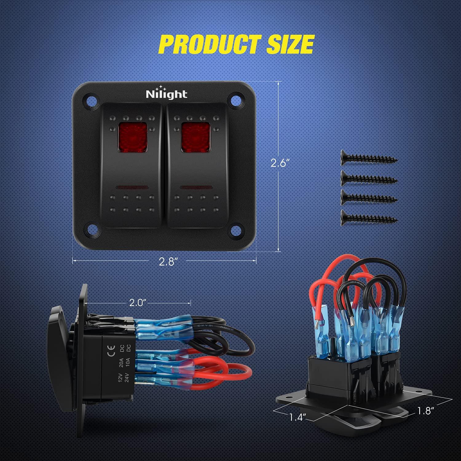 Panel de Interruptores Rocker Nilight 2 Gang 12V 24V Rojo