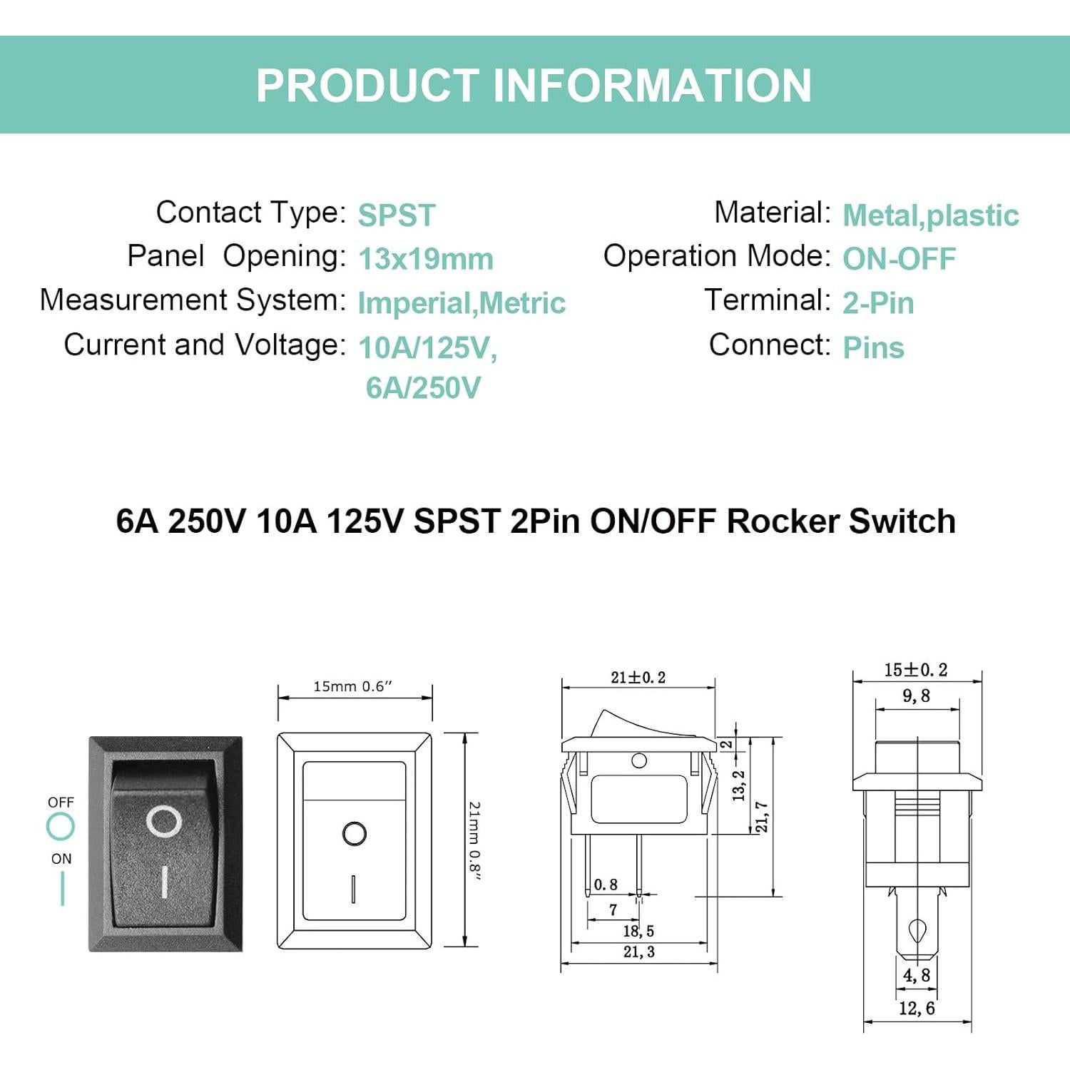 Interruptor Rocker On/Off QTEATAK 2 Pines 12V 250V 5 Pcs