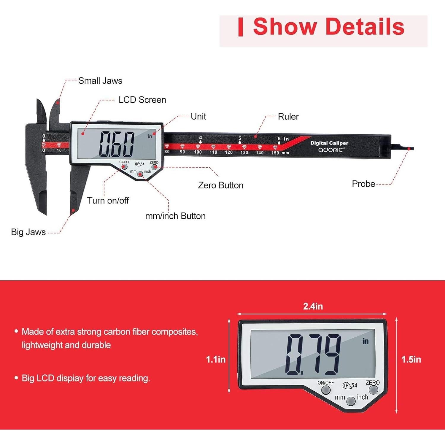 Calibrador Digital Adoric 0-15.24 cm Pantalla LCD IP54