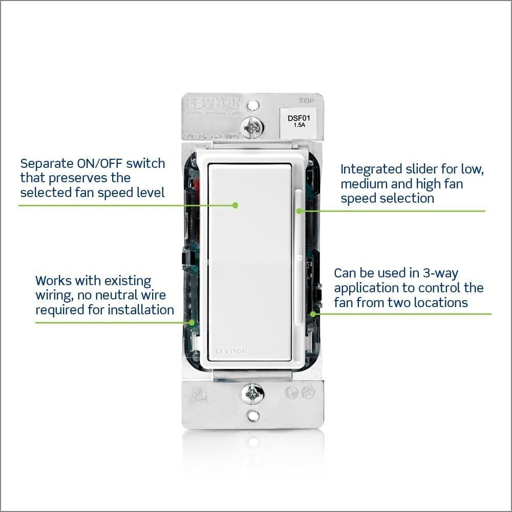 Interruptor de Ventilador de Techo Leviton DSF01-10Z Blanco 3 Velocidades