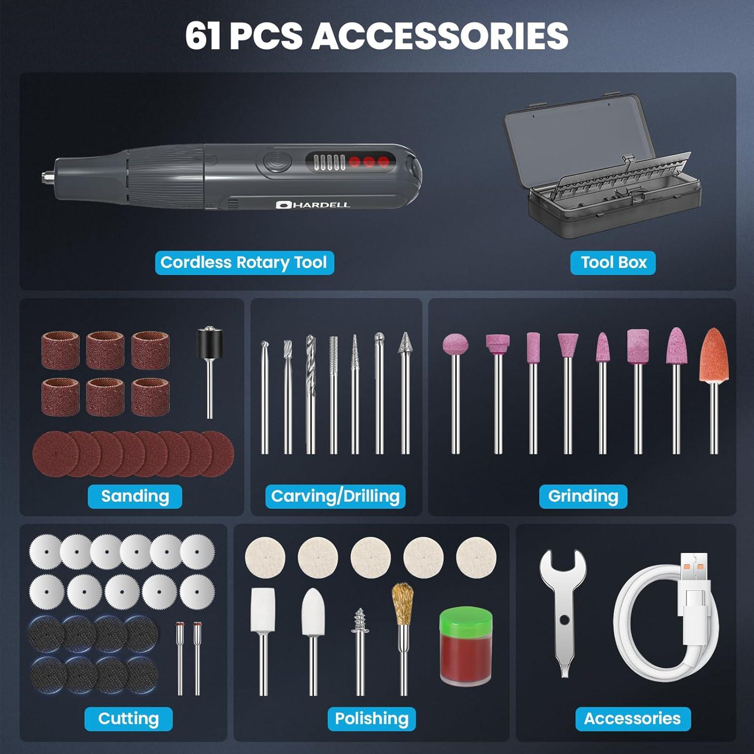 Herramienta Rotativa Sin Cable HARDELL 8V con 61 Accesorios