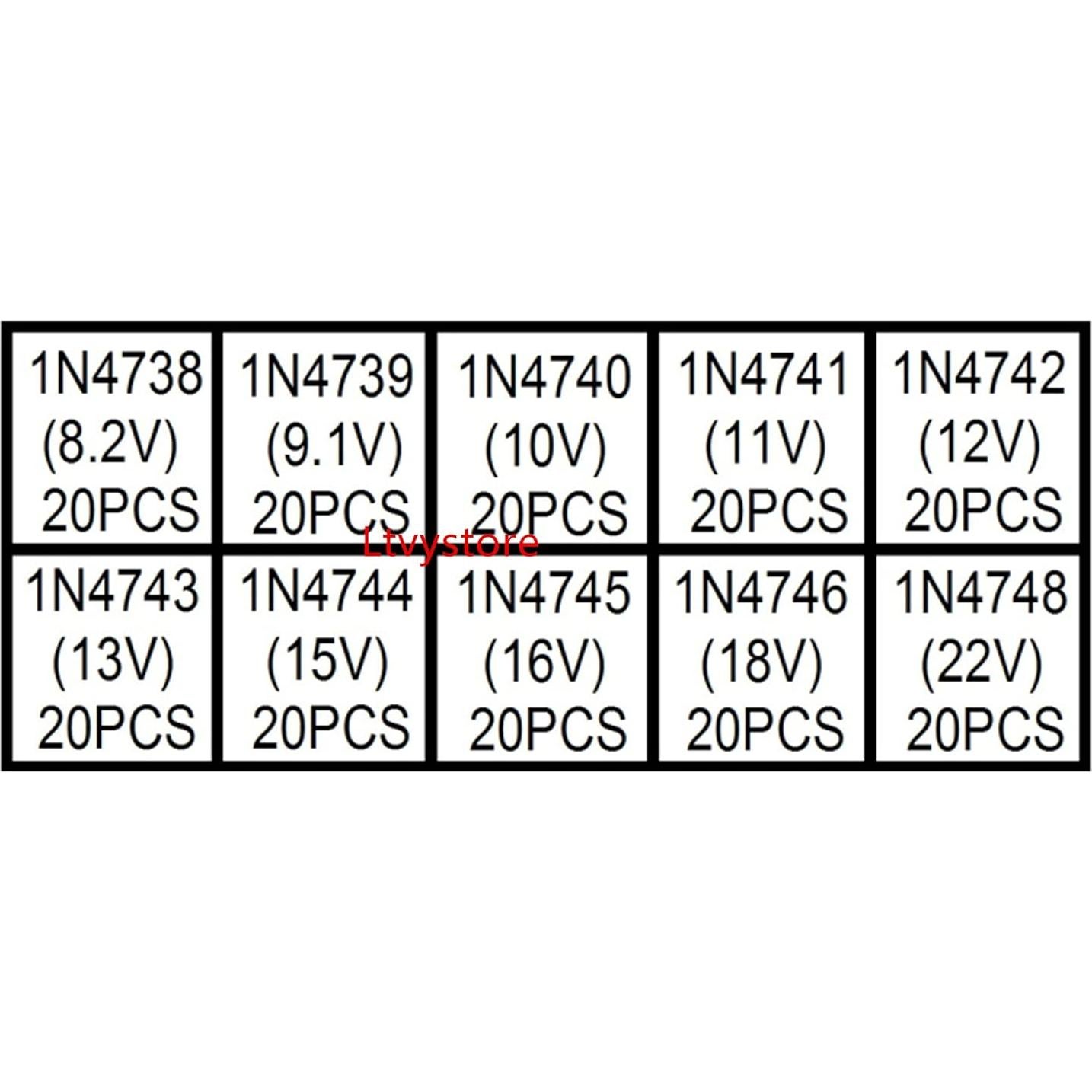 Kit de Diodos Zener 1W Ltvystore 200PCS 8.2V a 22V