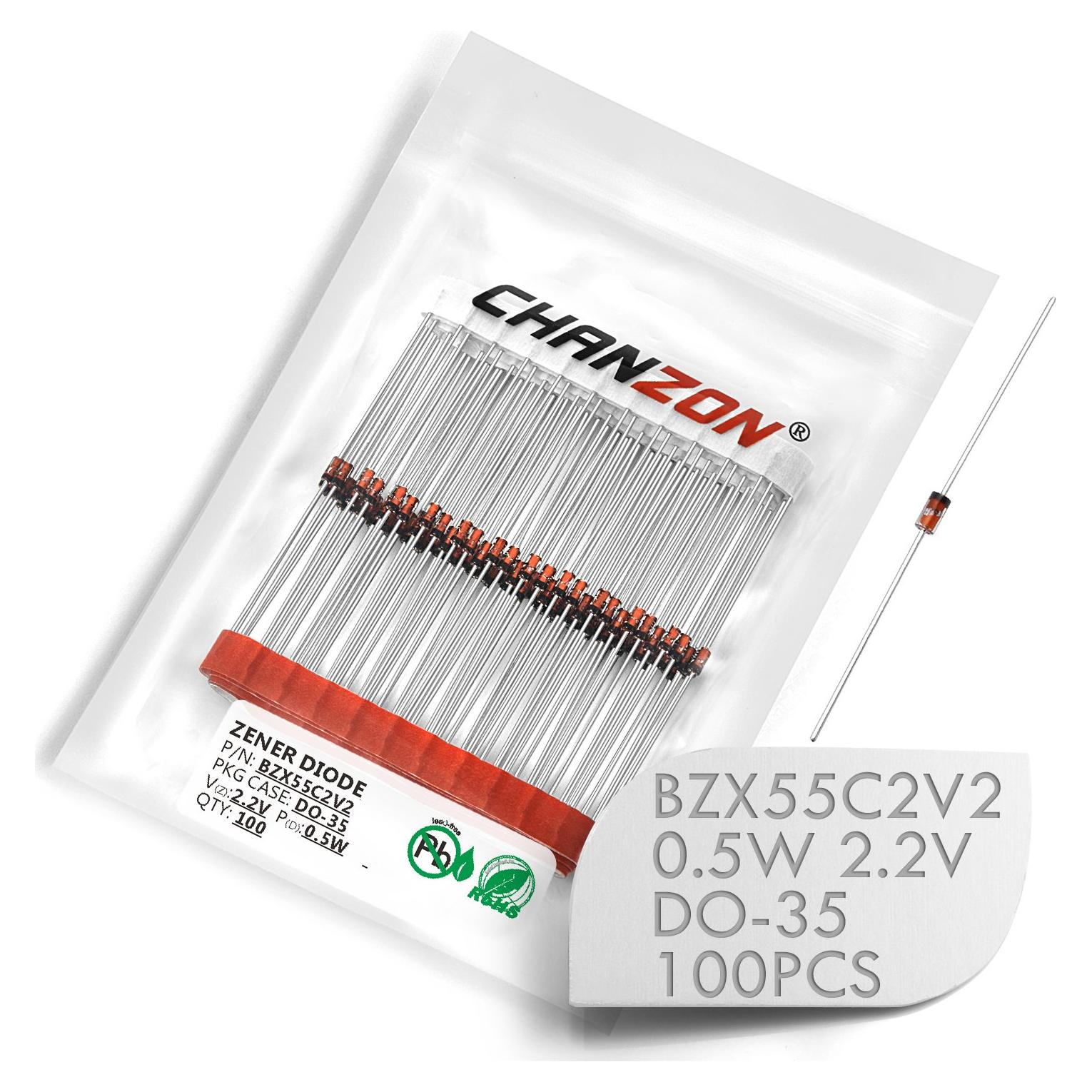 Paquete de 100 Diodos Zener Chanzon BZX55C2V2 0.5W 2.2V