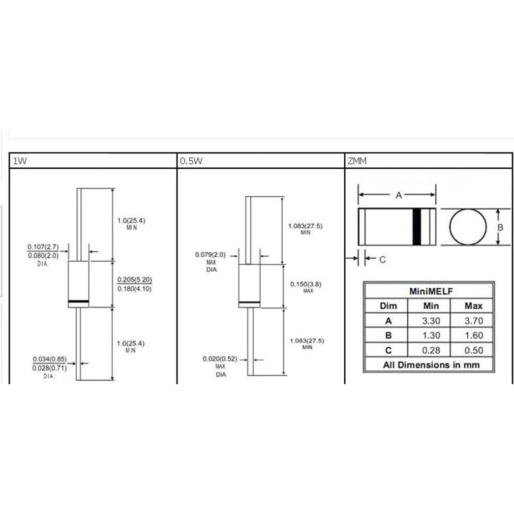 Diodo Zener 1N4730 3.9V E13 - 50 Paquetes Componentes Electrónicos