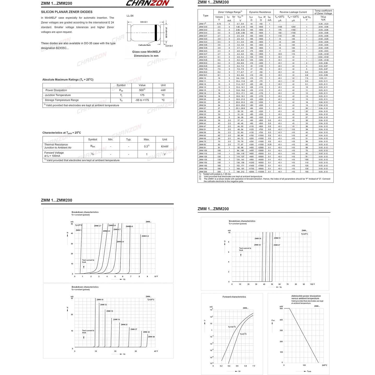 Diodo Zener SMD Chanzon ZMM5V6 0.5W 5.6V Paquete 100 Pzas