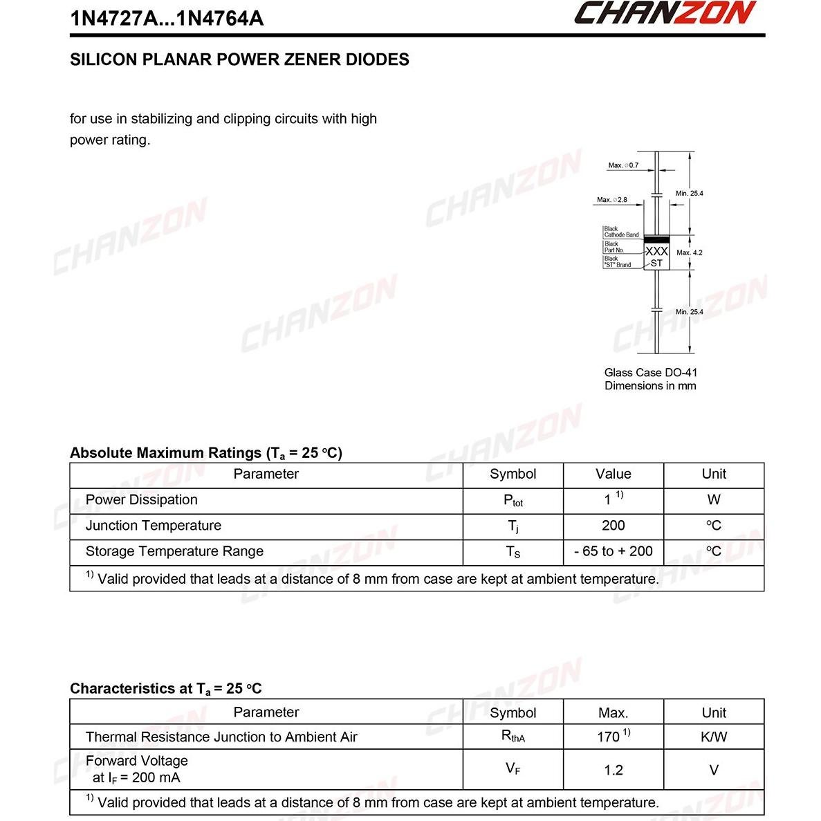 Paquete de 100 Diodos Zener Chanzon 1N4739A 1W 9.1V DO-41