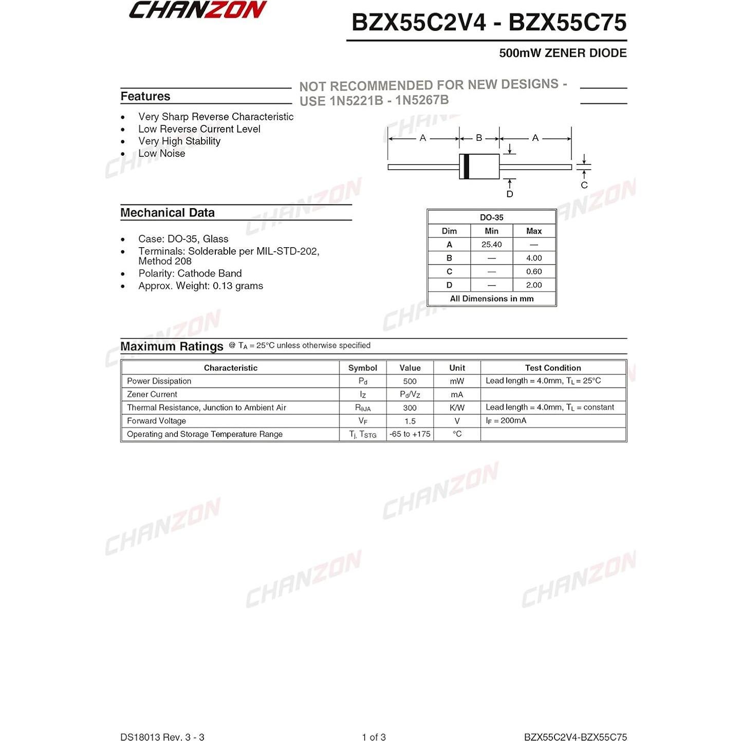 Paquete de 100 Diodos Zener Chanzon BZX55C2V4 0.5W 2.4V