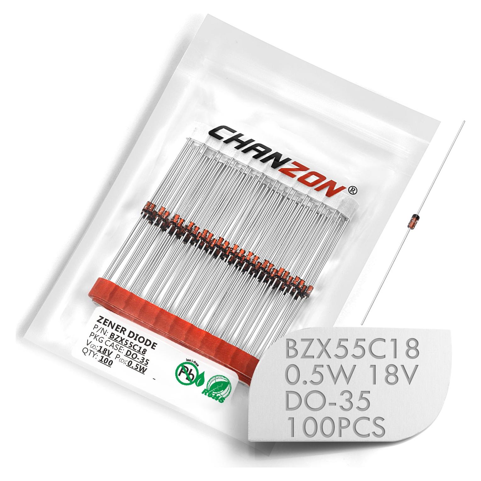 Paquete de 100 Diodos Zener Chanzon BZX55C18 0.5W 18V DO-35