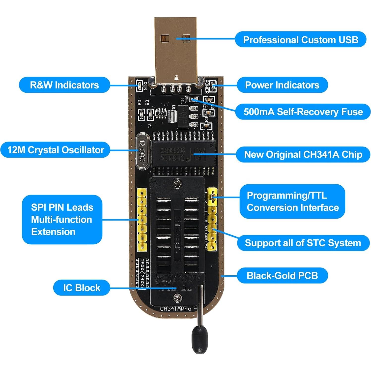 Programador USB CH341A + Clip SOIC8 + Adaptadores 1.8V y DIP8