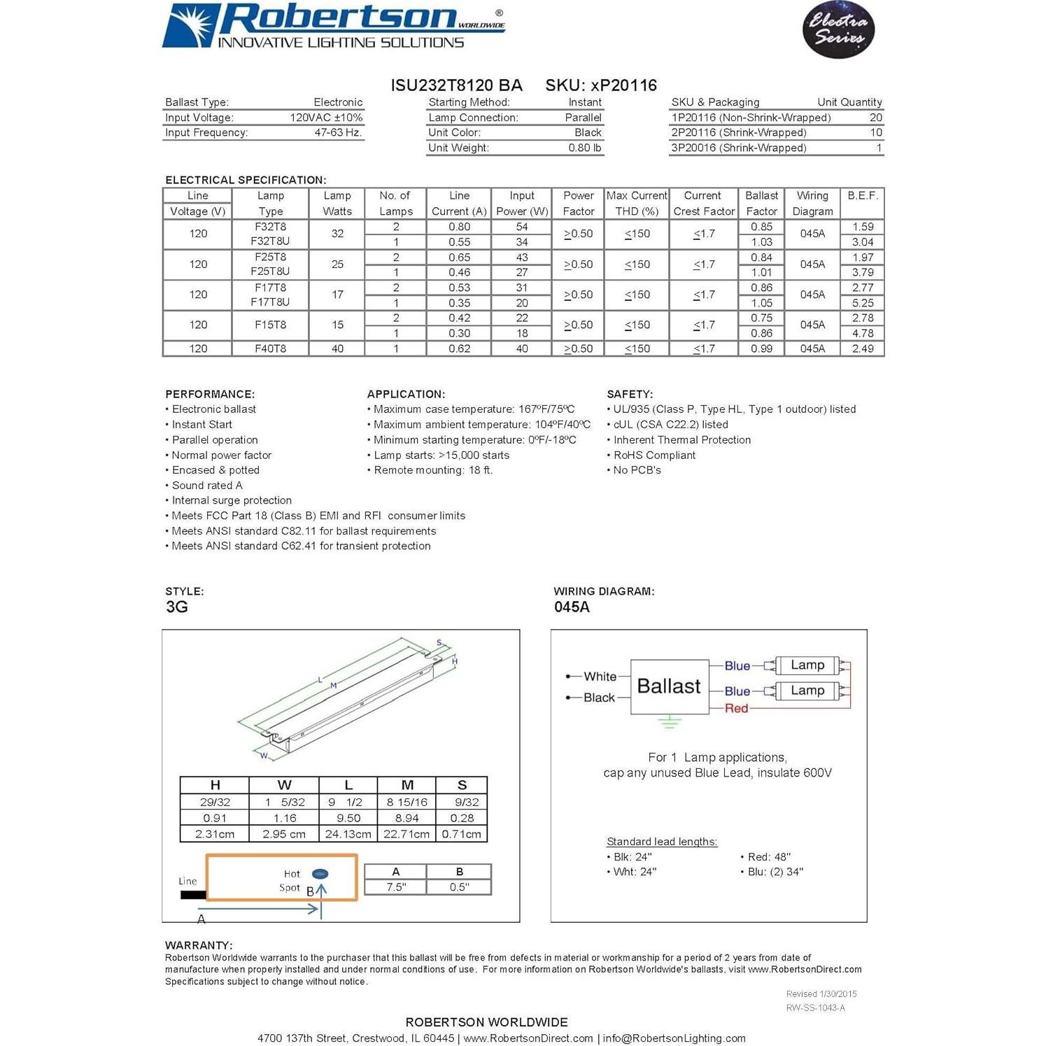 Balasto Electrónico Fluorescente Robertson ISU232T8120 32W 120V