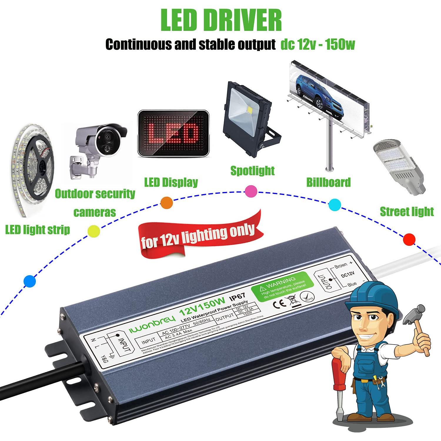 Transformador LED 150W IP67 12V 12.5A Adaptador de Alimentación