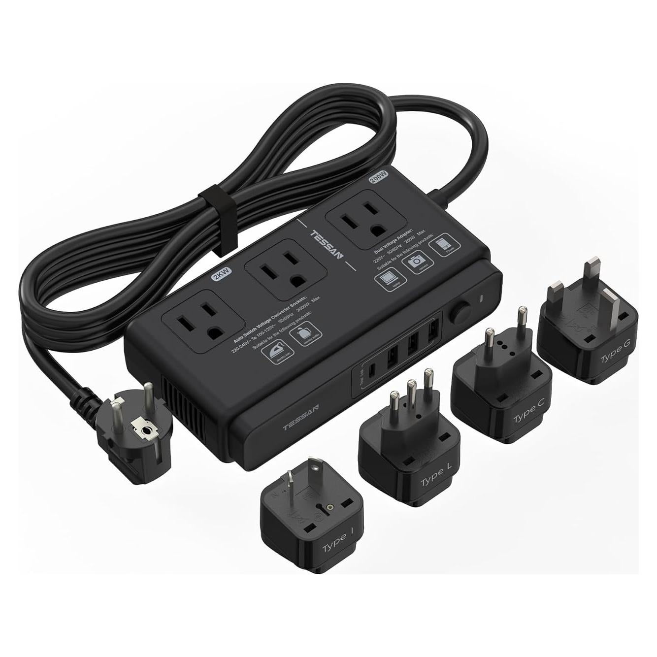 Convertidor de Voltaje TESSAN 220V a 110V con 4 USB Negro