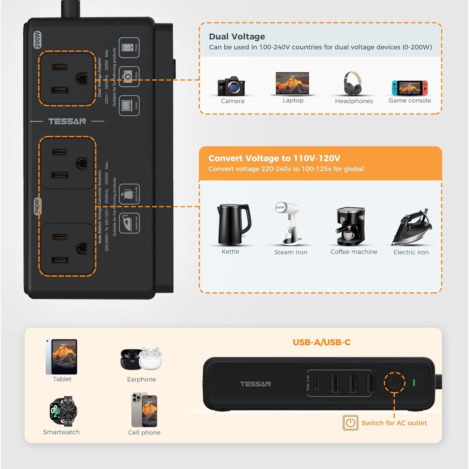 Convertidor de Voltaje TESSAN 220V a 110V con 4 USB Negro