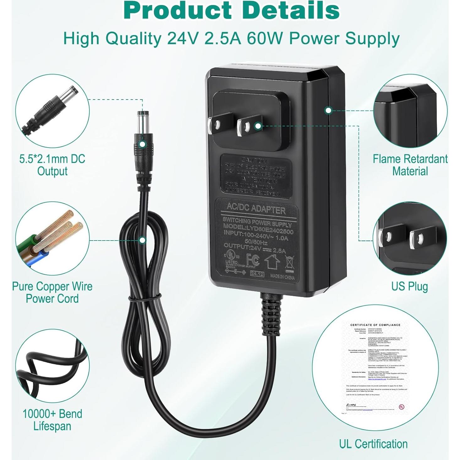 Adaptador de Alimentación HOUHUI 24V 2.5A 60W 2-Pack