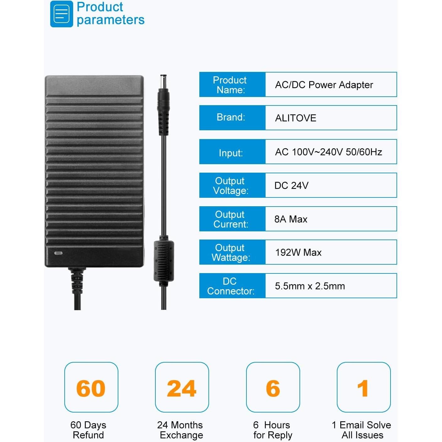 Adaptador de Alimentación 24V 8A ALITOVE 192W para LED CCTV