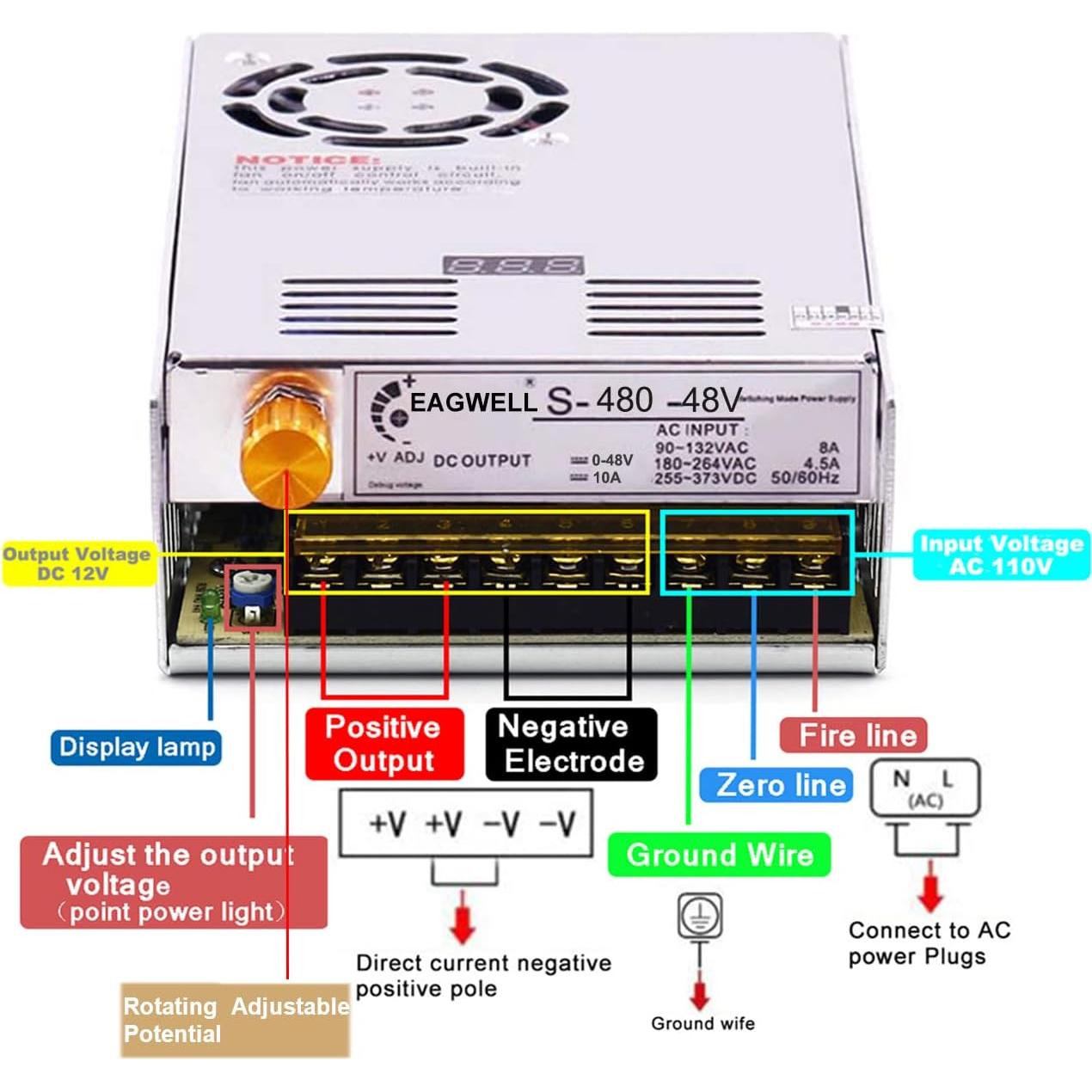 Fuente de Poder DC 0-48V 10A Eagwell Adaptador Regulable