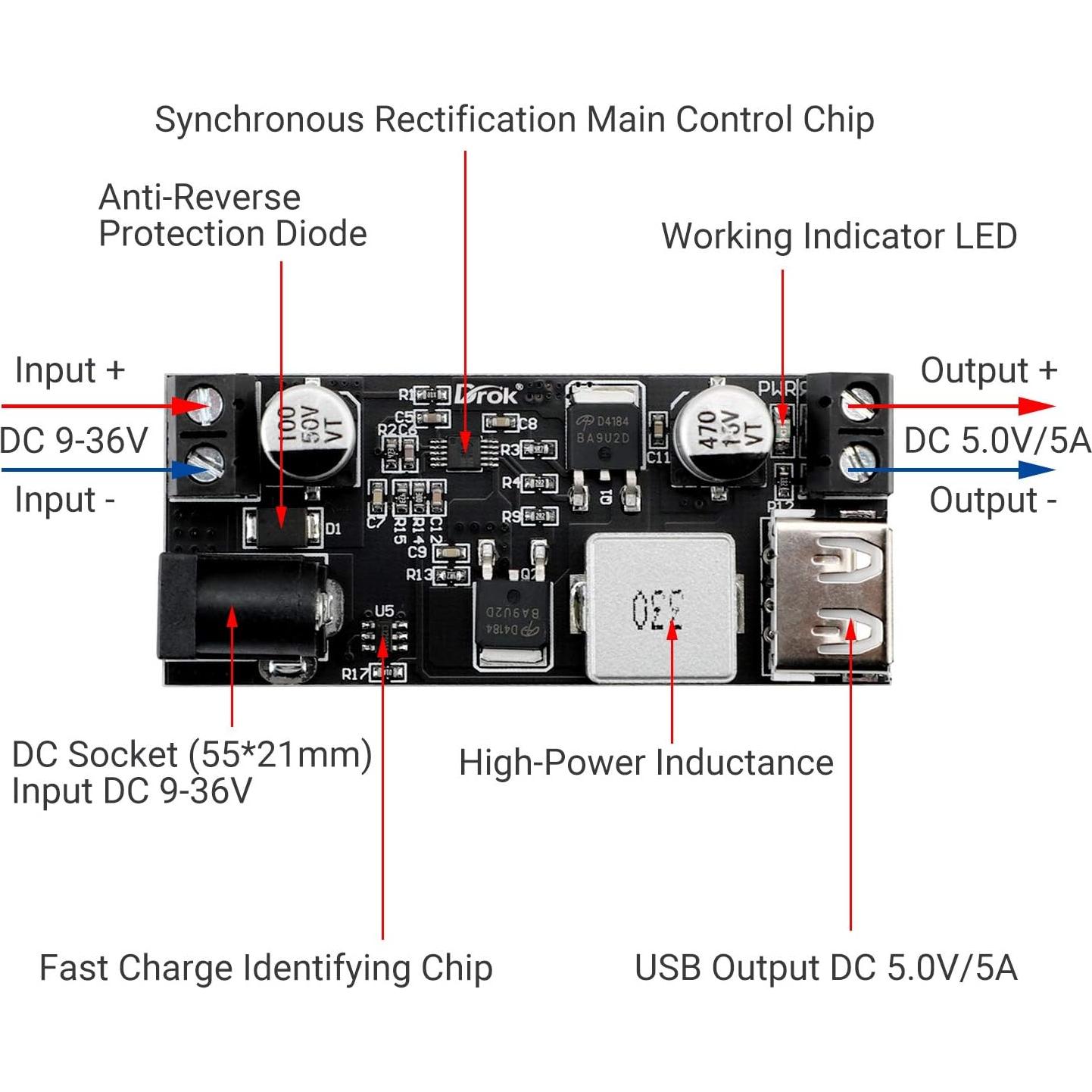 Convertidor Buck DROK 12V a 5V 2 Piezas Regulador USB