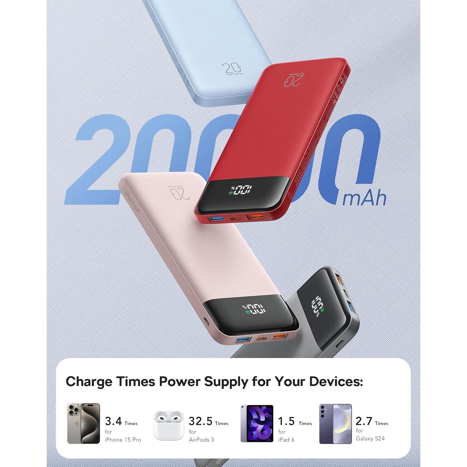 Cargador Portátil Charmast 20000mAh Carga Rápida 20W LED