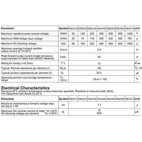 Diodo Rectificador de Puente ASEMI DB207S 2A 1000V Paquete 20
