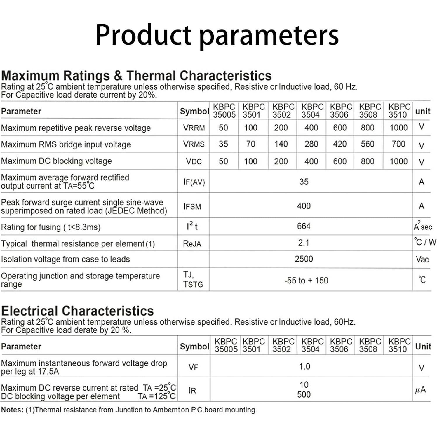 Diodo Rectificador de Puente Yetaida KBPC3510 35A 1000V 2Pcs