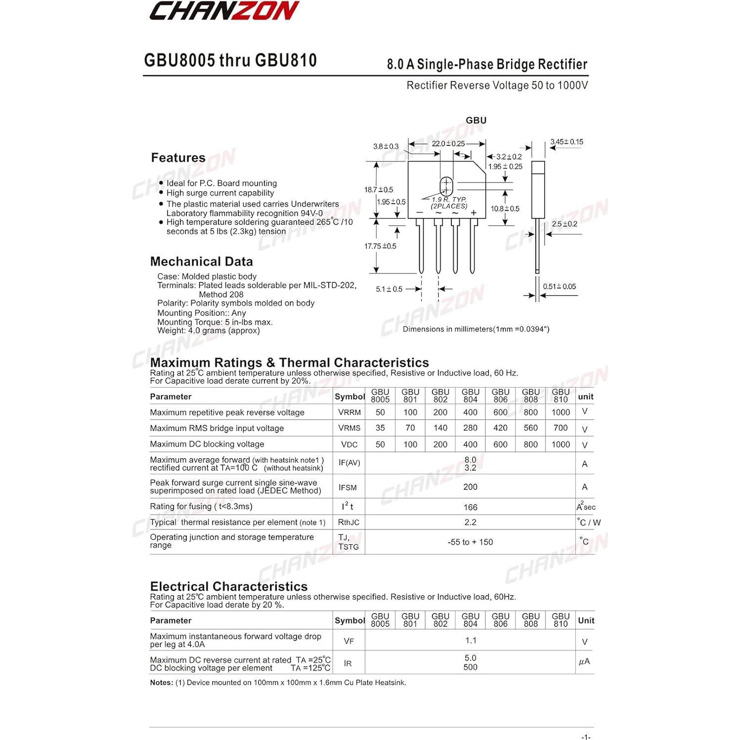 Diodo Rectificador de Puente Chanzon GBU808 10 Piezas 8A 800V