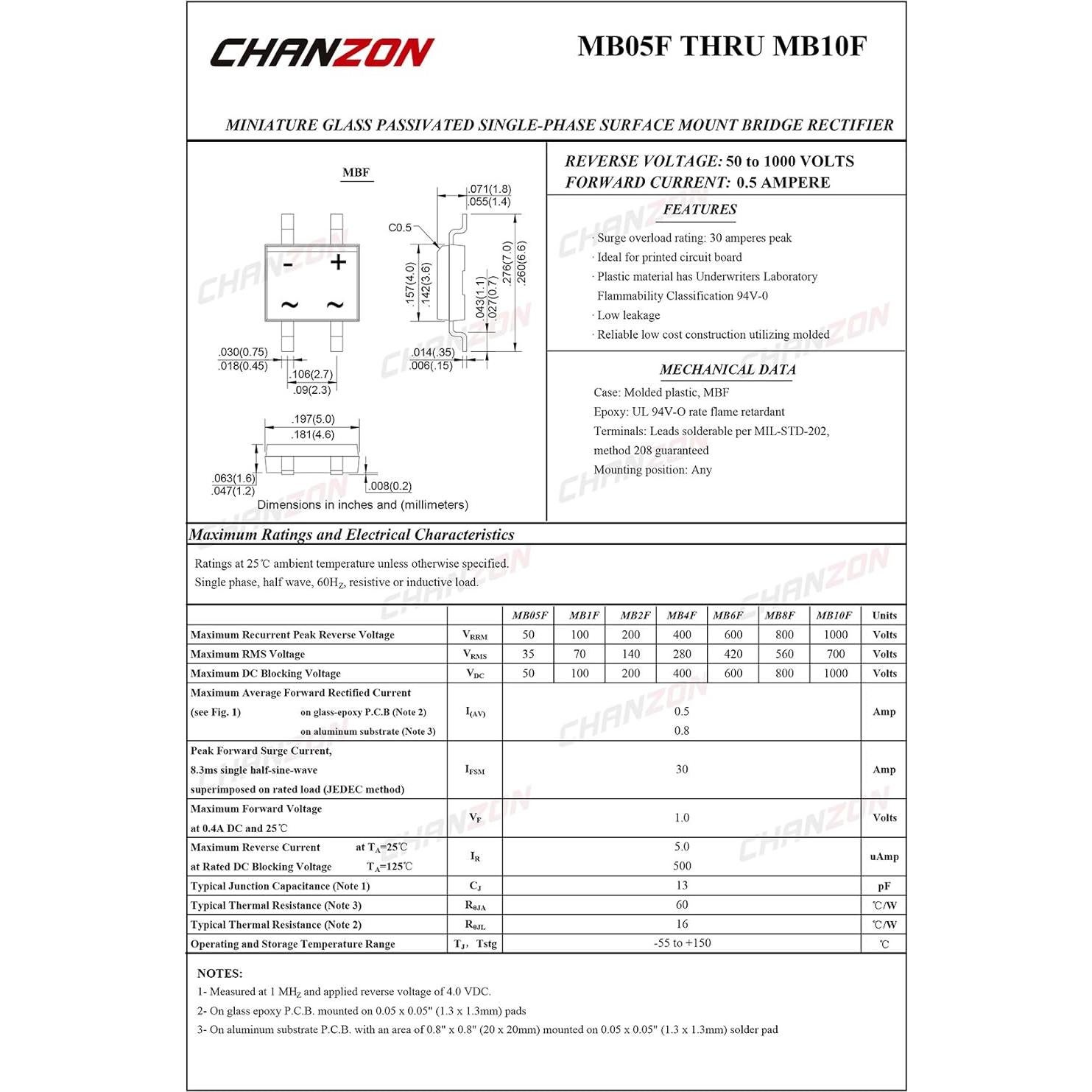 Diodo Rectificador de Puente SMD Chanzon MB10F 0.5A 1000V - 100 Piezas