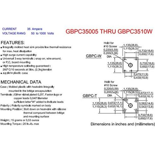 Diodo Rectificador de Puente ASEMI GBPC3510 35A 1000V - 2 Piezas