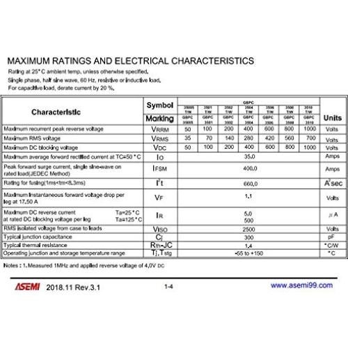 Diodo Rectificador de Puente ASEMI GBPC3510 35A 1000V - 2 Piezas