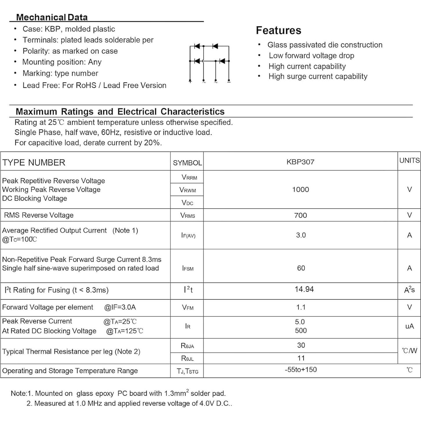 Rectificador de Puente de Diodo FOXTIP KBP307 3A 700V - Paquete de 22