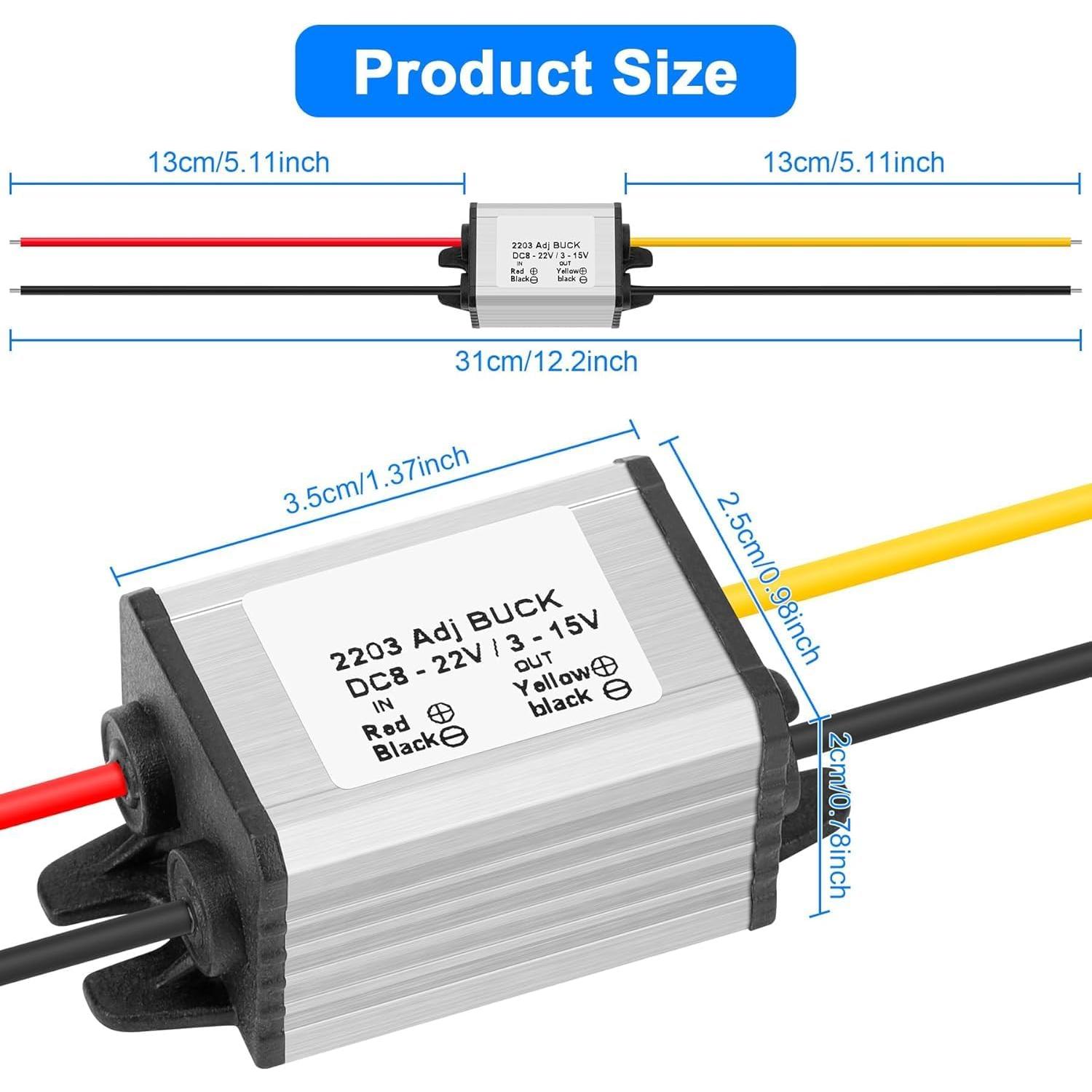 Convertidor Buck DC-DC YELUFT 8-22V a 3-15V 3A Impermeable