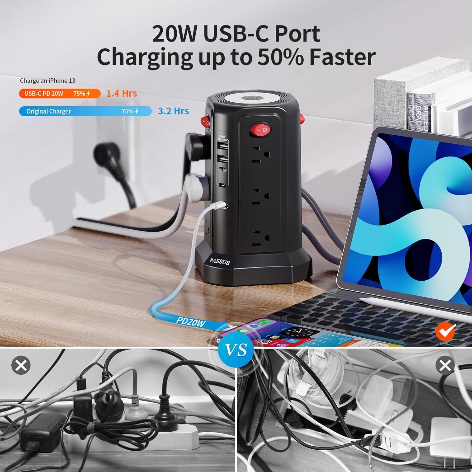 Protector de Sobretensión PASSUS 16 Pies con 4 USB y Luz Nocturna