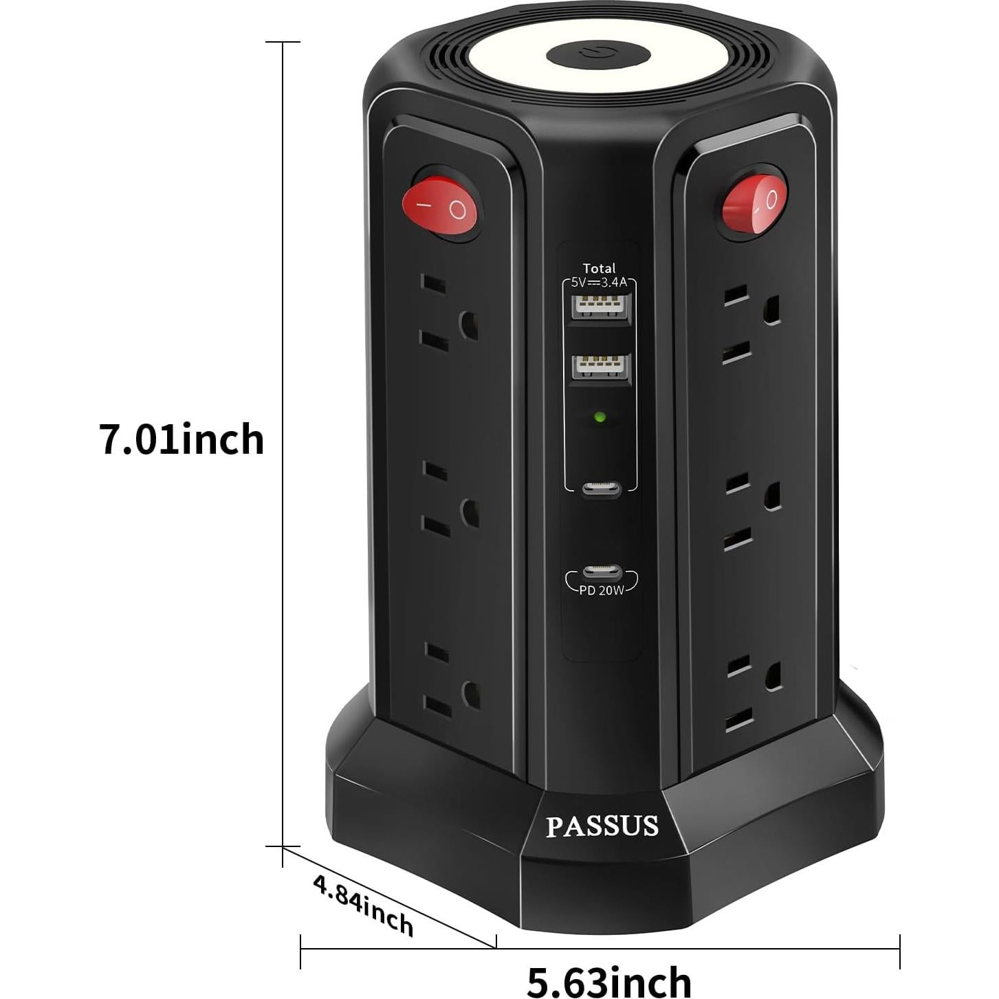Protector de Sobretensión PASSUS 16 Pies con 4 USB y Luz Nocturna