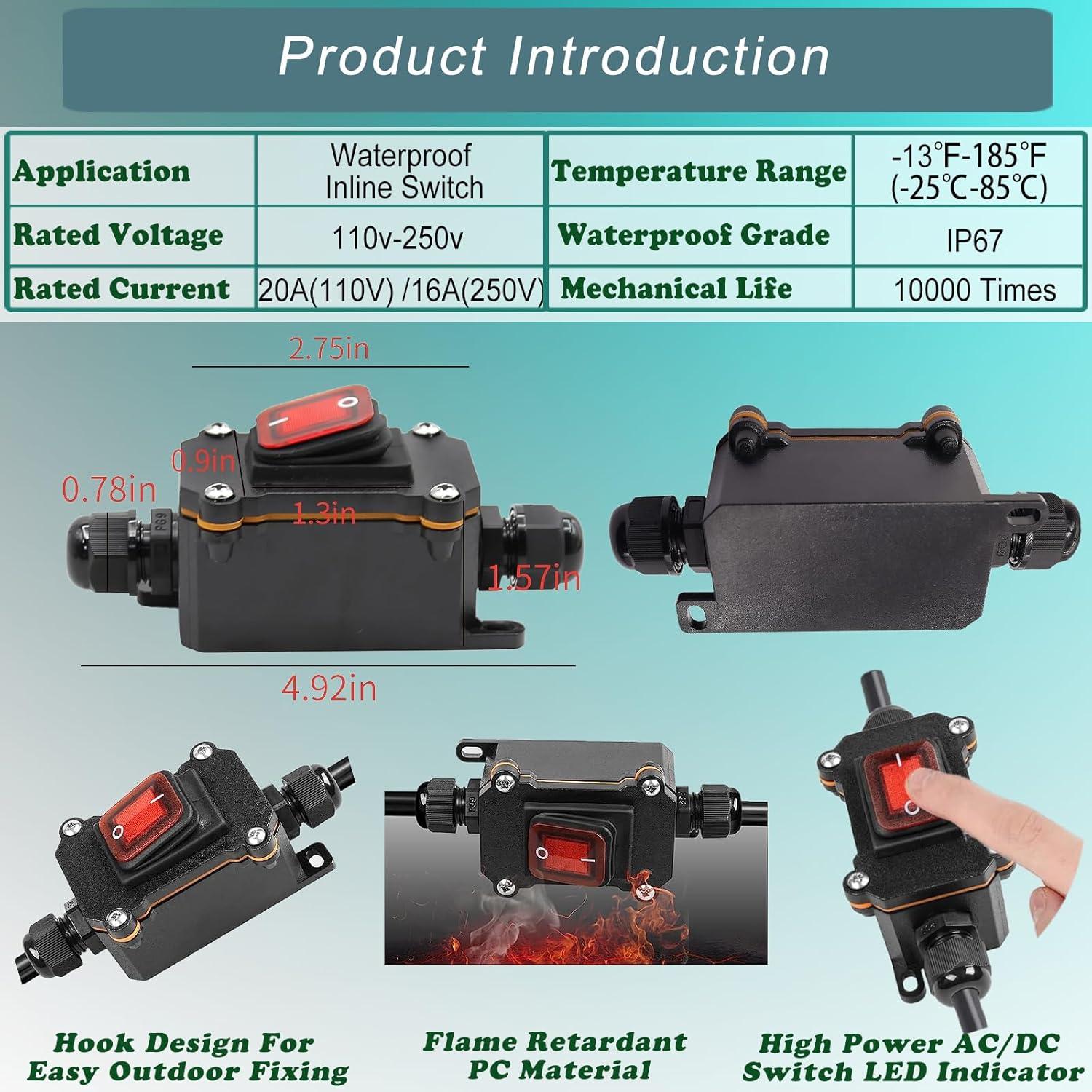 Interruptor de Cable a Prueba de Agua IP67 KarlKers DPST 20A