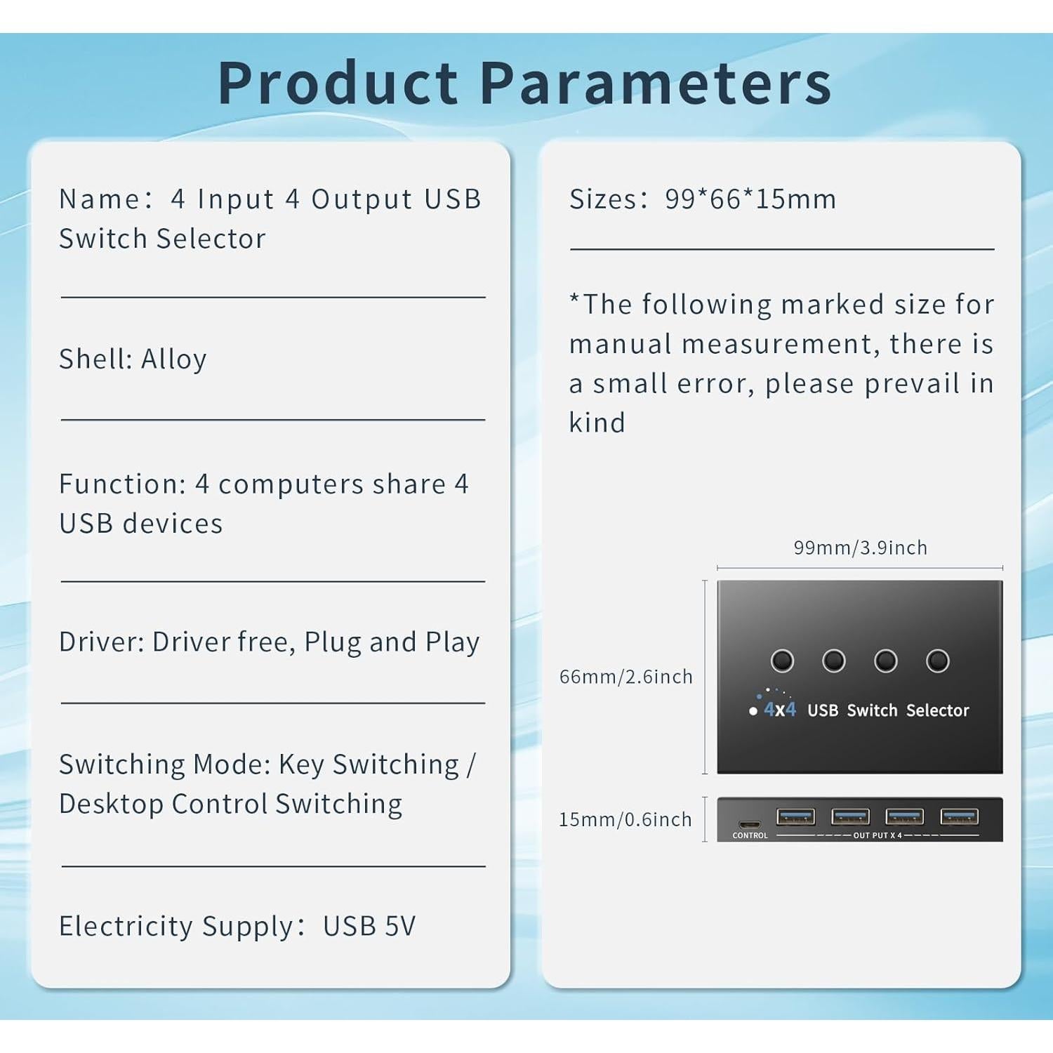Interruptor USB 3.0 4 Puertos Newiedkvm para 4 Computadoras
