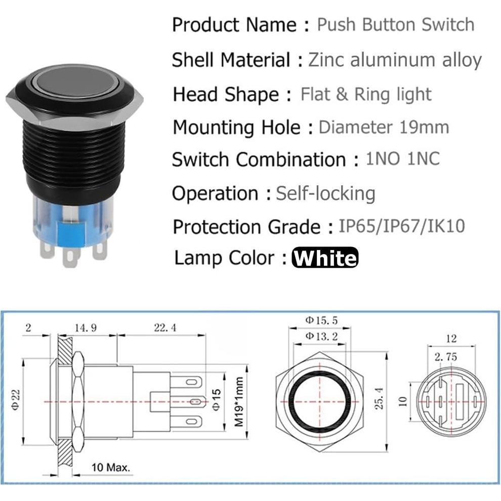 Interruptor de Botón Pulsador Quentacy 19mm IP65 12V LED Blanco