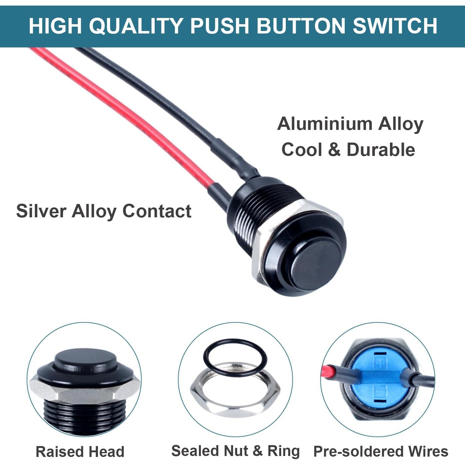 5 Interruptores de Botón Momentáneo DMWD 12mm IP66 Negro