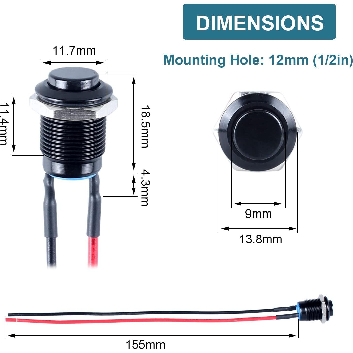 5 Interruptores de Botón Momentáneo DMWD 12mm IP66 Negro