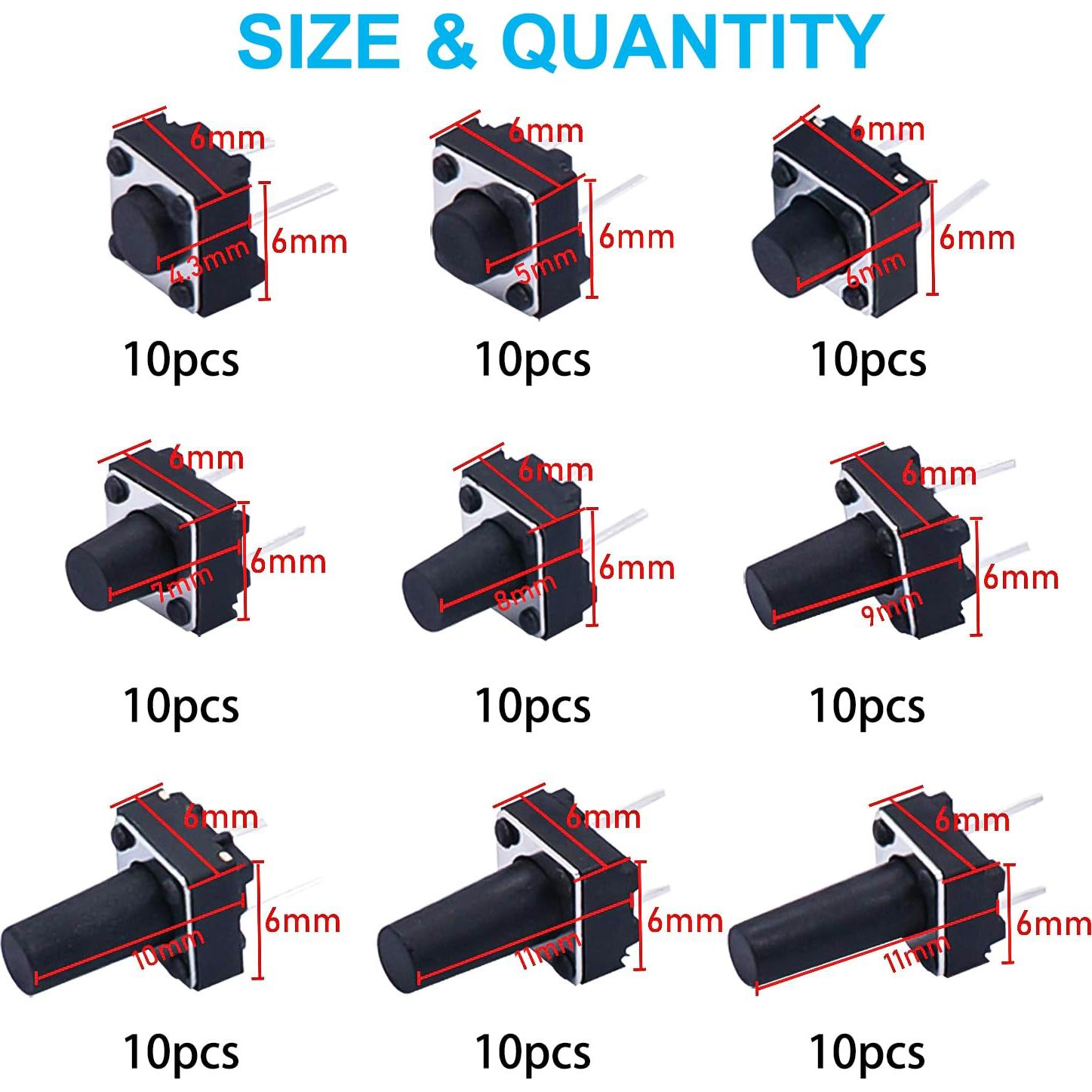 Kit de 90 Interruptores Táctiles Momentáneos 2 Pines TWTADE