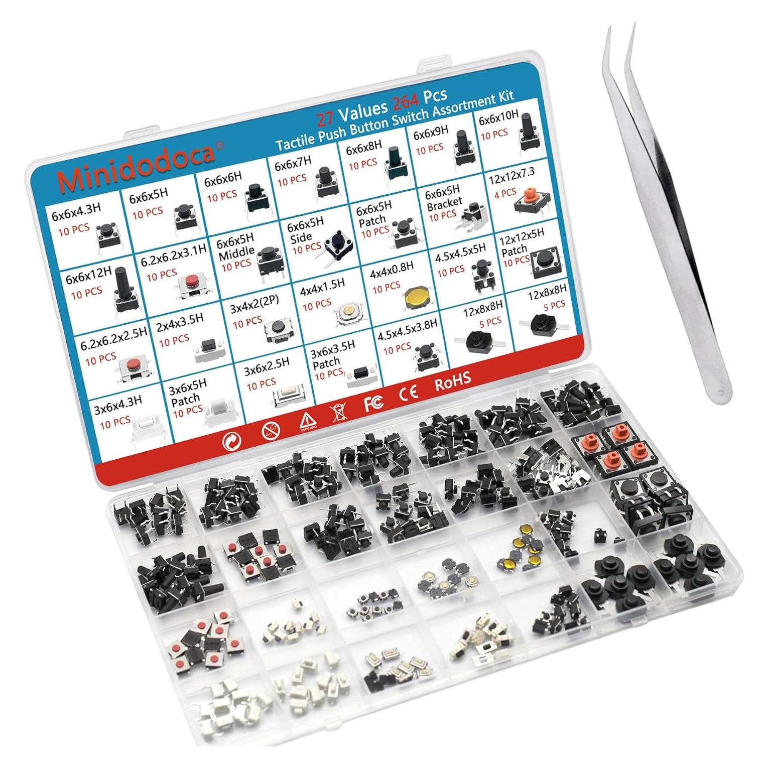 Kit de 264 Micro Interruptores Táctiles Minidodoca - 27 Tipos
