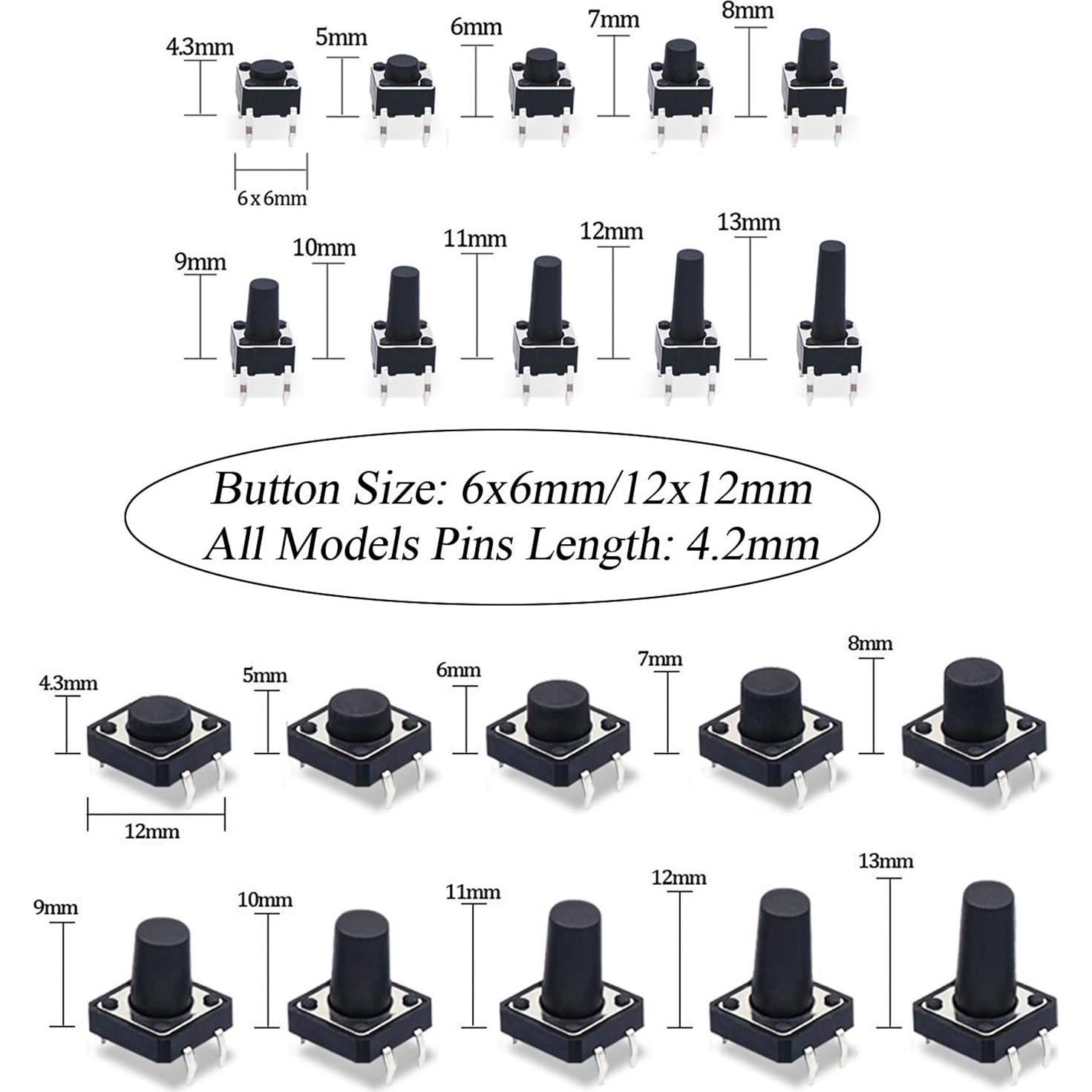 Kit de 250 Interruptores Táctiles 4 Pines TWTADE 6-13mm