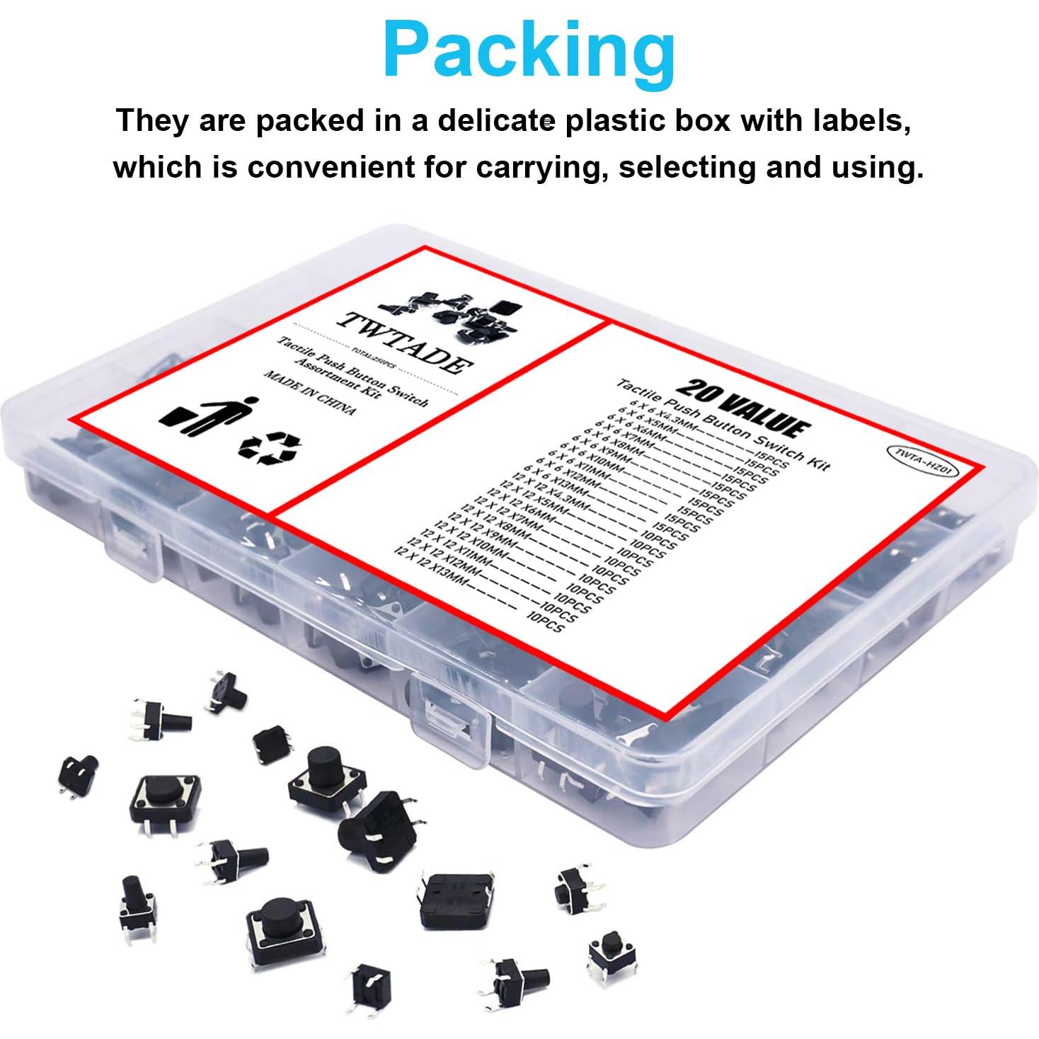 Kit de 250 Interruptores Táctiles 4 Pines TWTADE 6-13mm