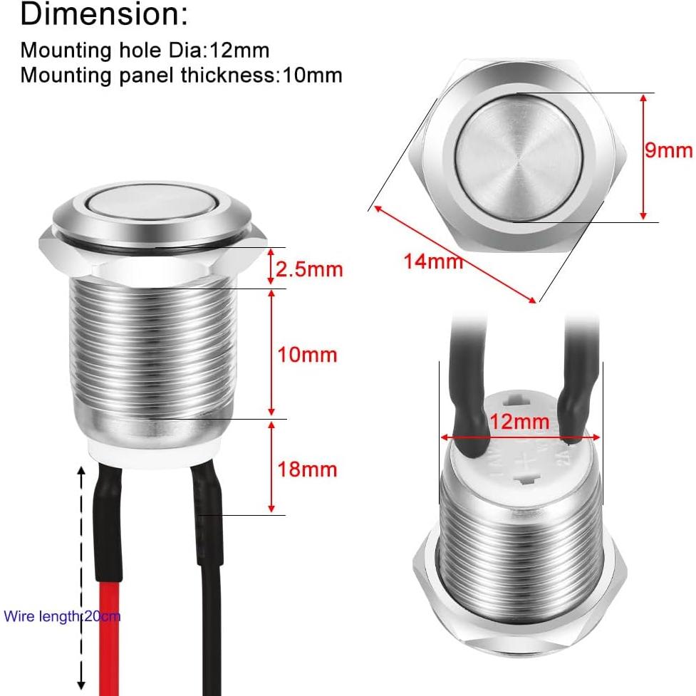 10pcs Interruptor Momentáneo Metálico Gebildet 12mm IP67