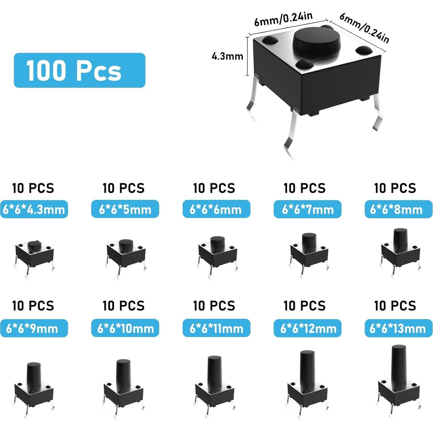 Kit 100 Micro Interruptores Abiertos SCOOYUCK 6x6mm a 13mm