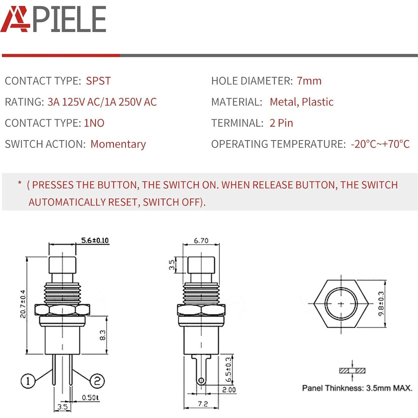 Interruptor Mini Botón Momentáneo APIELE 7mm Rojo 10 Pcs