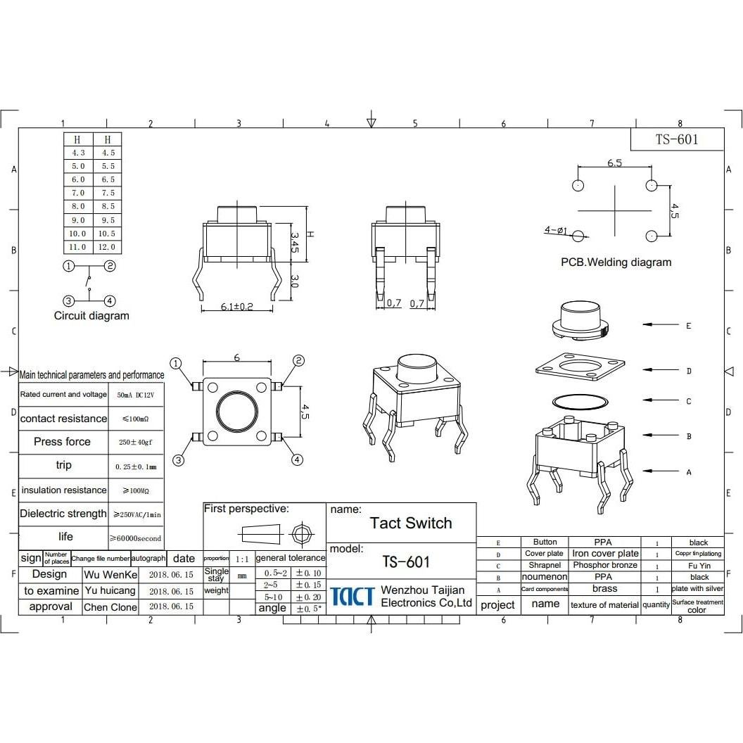 Interruptor táctil 200 piezas TAIJSDK 4 pines 6x6x4.3mm