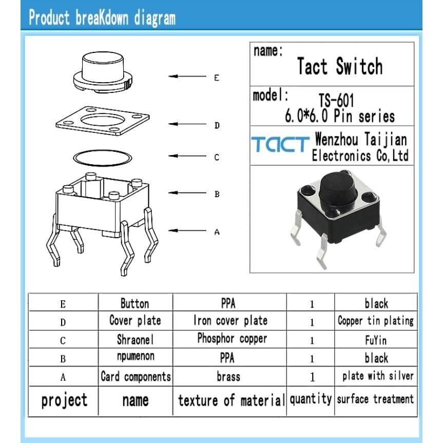 Interruptor táctil 200 piezas TAIJSDK 4 pines 6x6x4.3mm