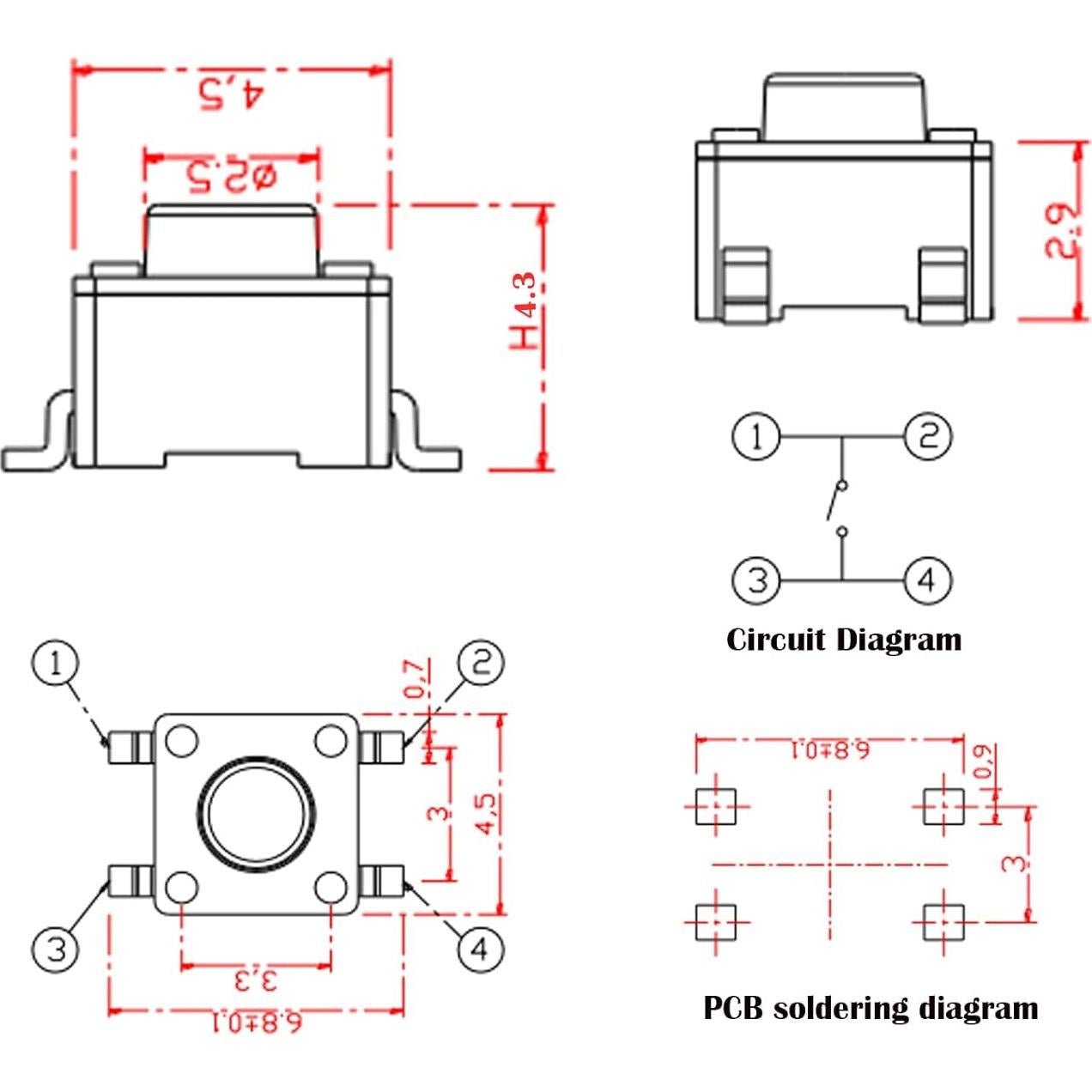 Interruptor Táctil Micro 4 Pines L·K Longkun 20 Pcs 4.5x4.3 mm