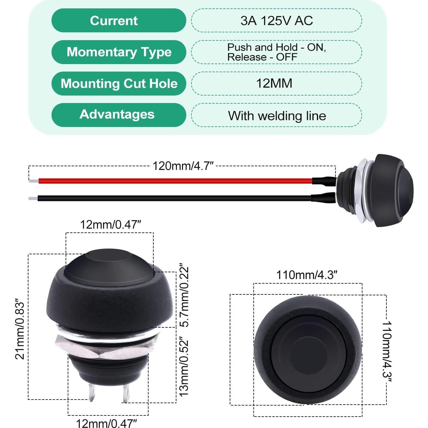 Interruptor Momentáneo Twidec 12mm 6 Unidades Negro IP54