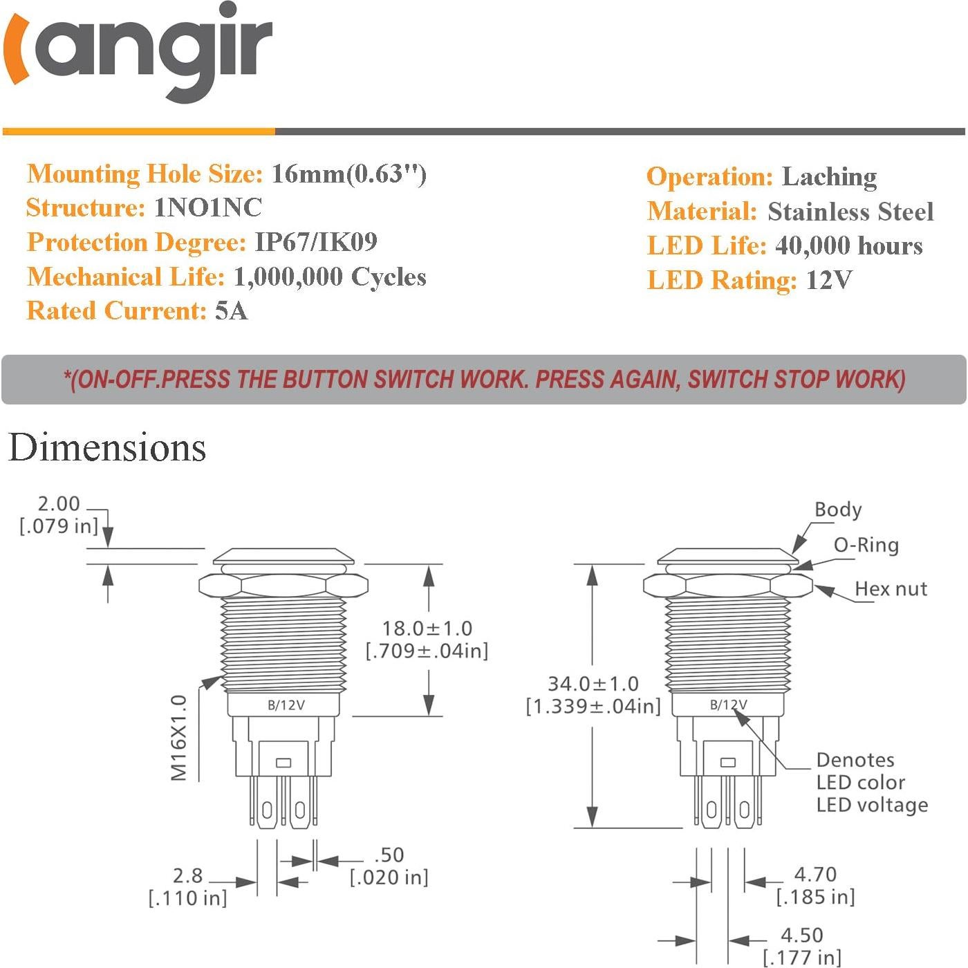 Interruptor Pulsador 16mm LANGIR Acero Inoxidable IP67 Verde